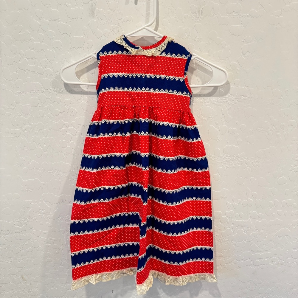 Vintage Sears Dress Girls 2T Red Blue Patterned Sleeveless Lace Trim Patriotic